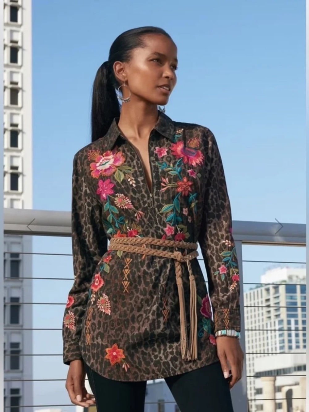 Johnny Was Brown Leopard-Print Tunic with Multicolor Floral Embroidery